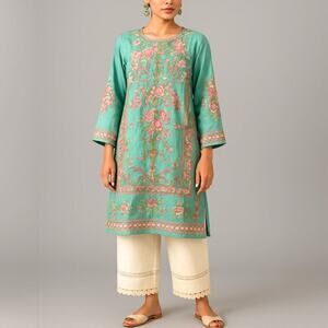 Sana Safinaz Aqua Green Pink Floral Embroidered Kurta Size Small